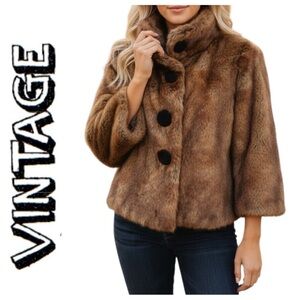 Abbie Mags Vintage Brown Faux Fur Cropped Jacket Size Large Old Money